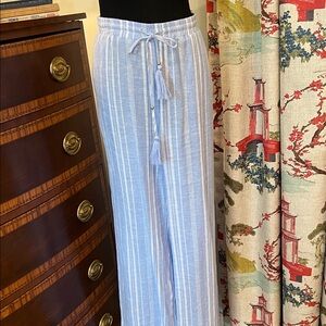 Ellen Tracy Light Blue & White Striped Drawstring Pants Slash Pockets Size L